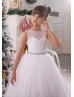 White Tulle Beaded Tea Length Flower Girl Dress Holiday Dress